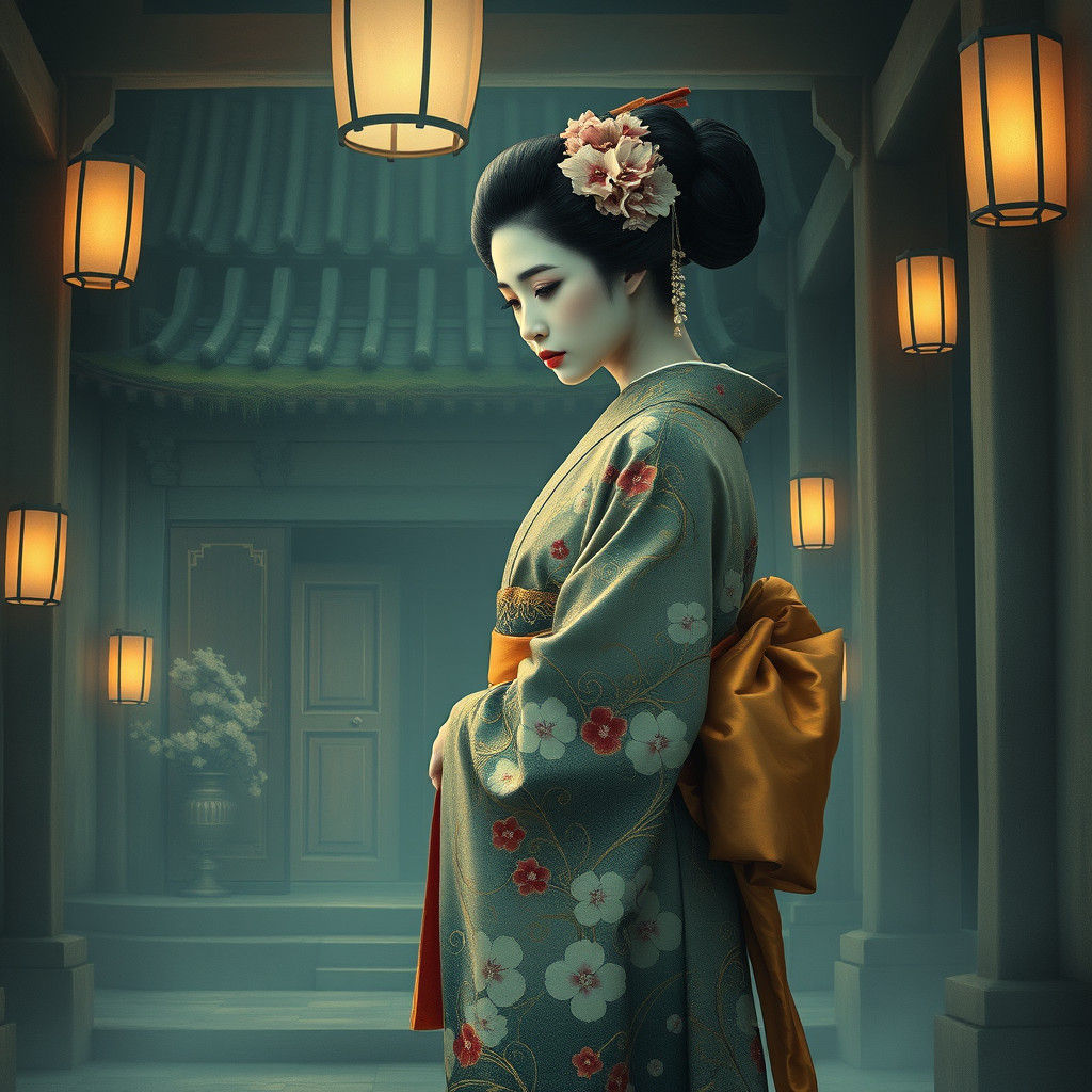 Mourning Geisha in Ancient Buddhist Temple