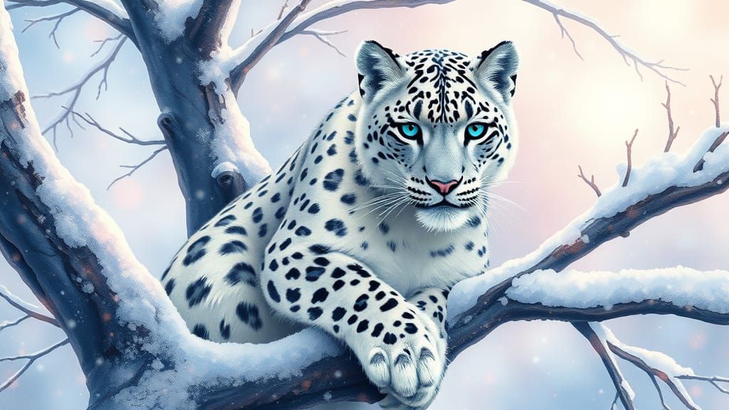 Snow Leopard Portrait in Whimsical Fantasy Forest