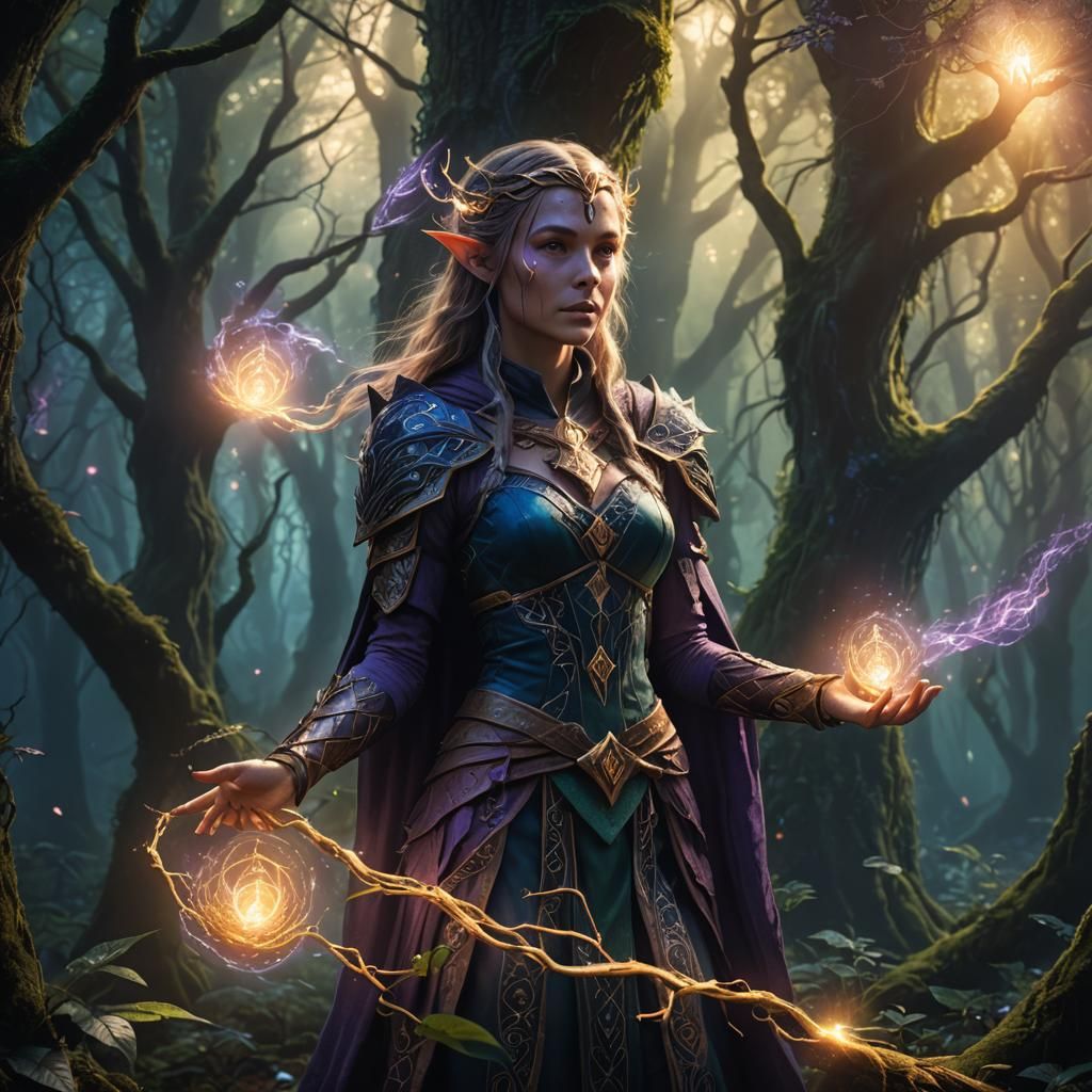 Enchanting Lighting Elf in Mystical Forest, Art Nouveau