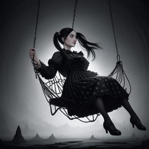 Polka Dot Girl Swinging in a Surreal Cartoon