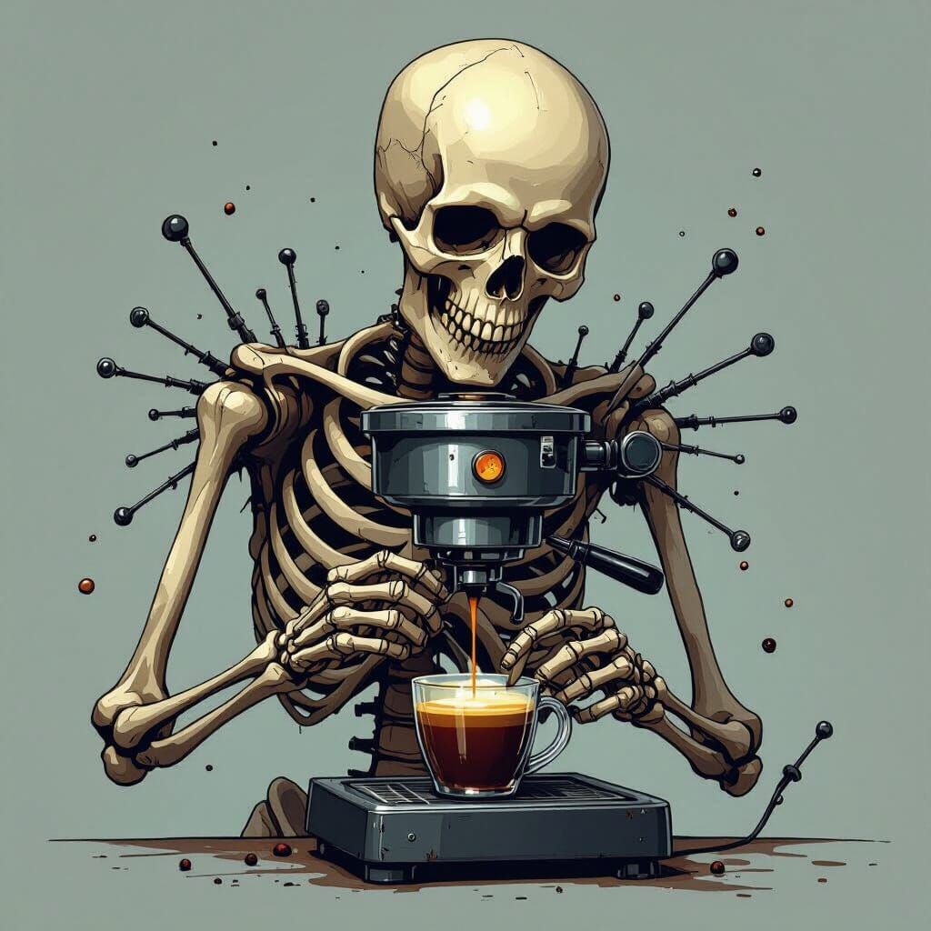Skeleton Making a coffee in sides some little spoke with den...