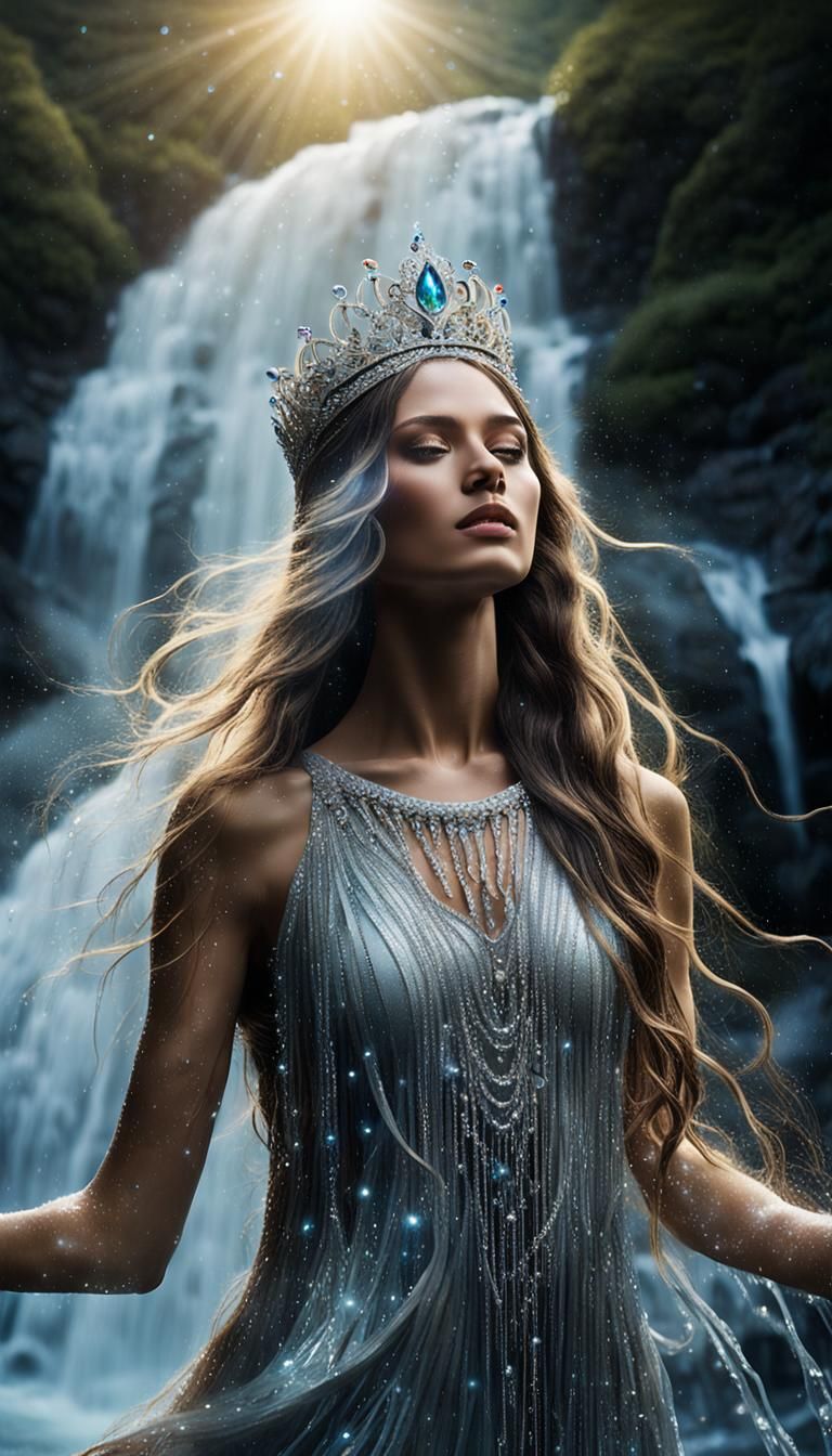 Woman Emerging from Waterfall in Hyperrealistic Style