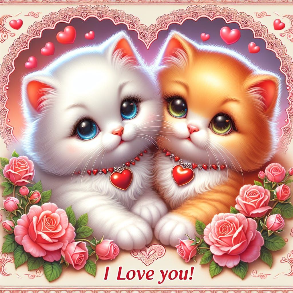 Charming Valentine's Card with Cuddling Kittens in Classic A...