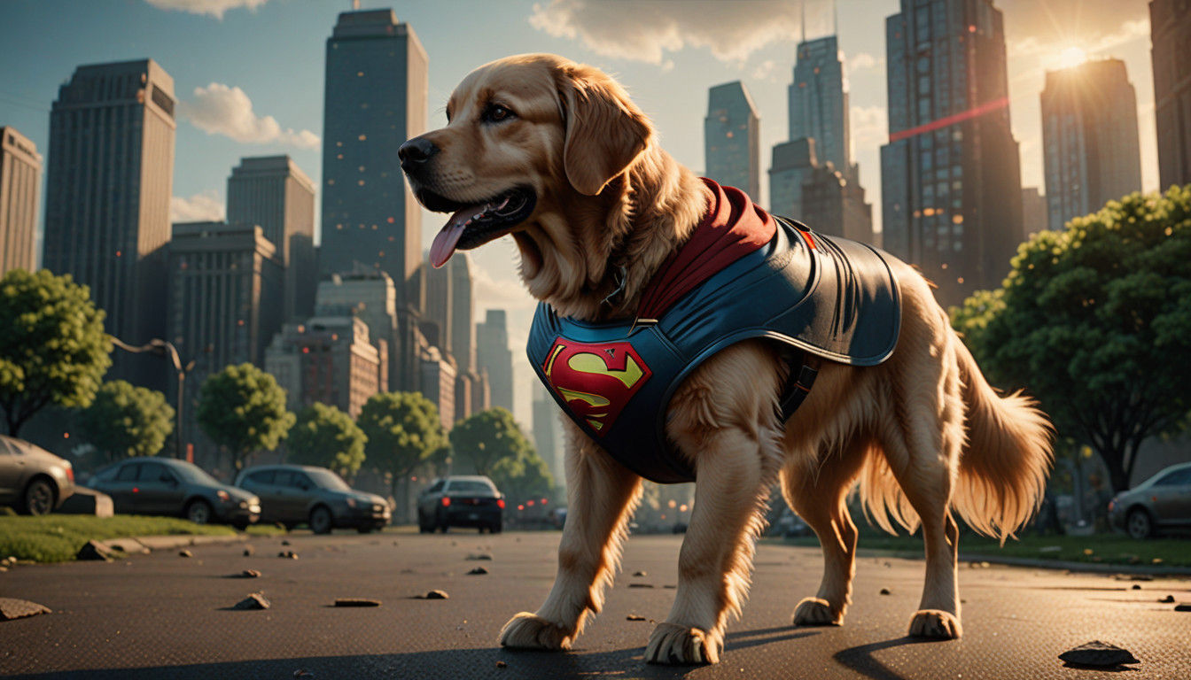 Golden Retriever Superman in Metropolis City Park