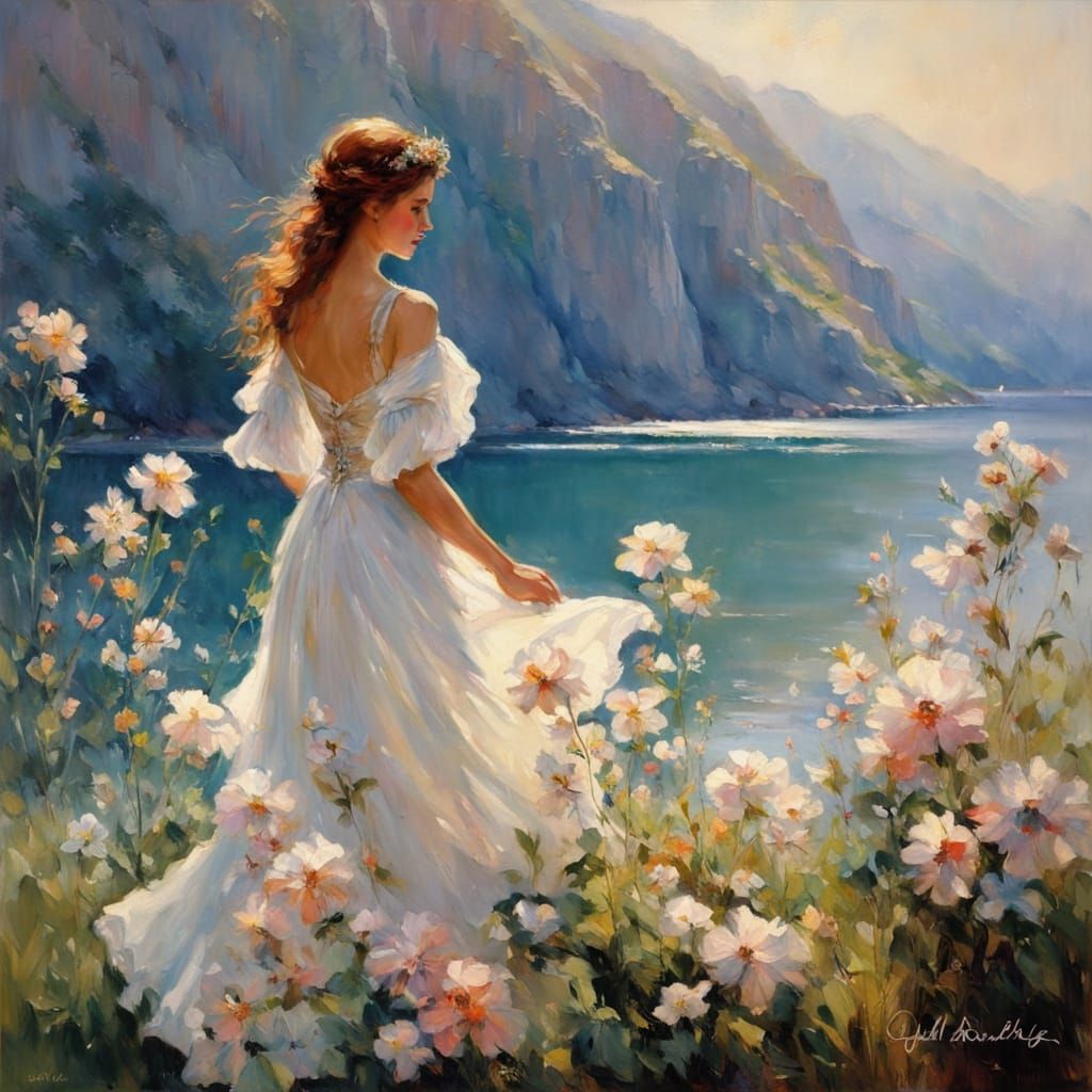 Serene Watercolor Scene of a Woman by a Turquoise Lake