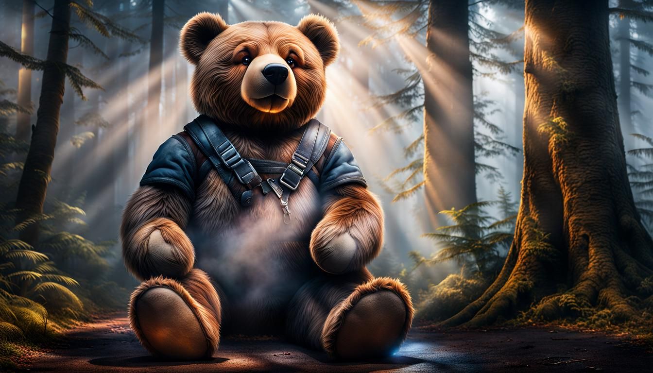 Hyperrealistic Teddy Bear in Mist with Bokeh