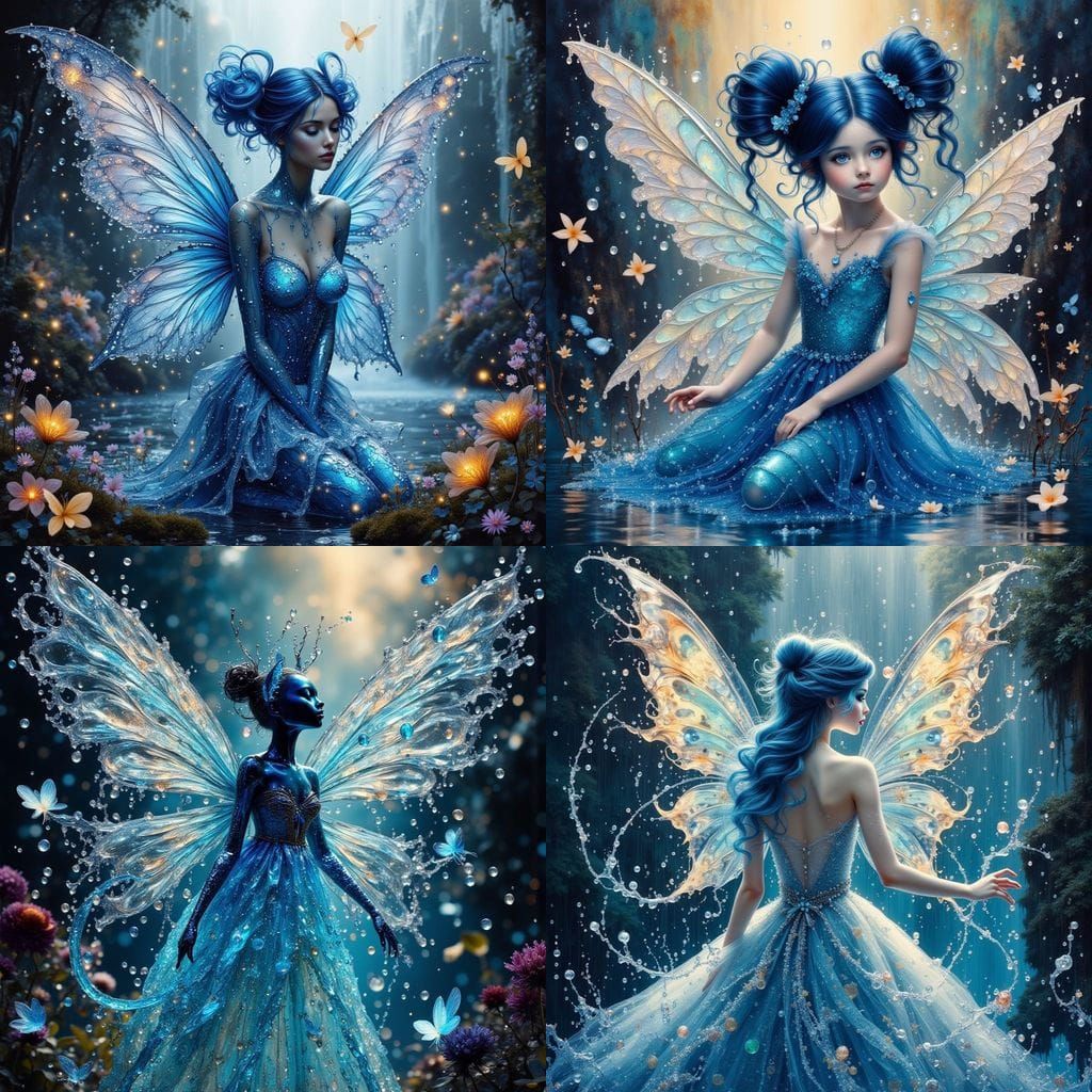 Water Cat Fairy with Rainbow Wings and Sea Foam Dress