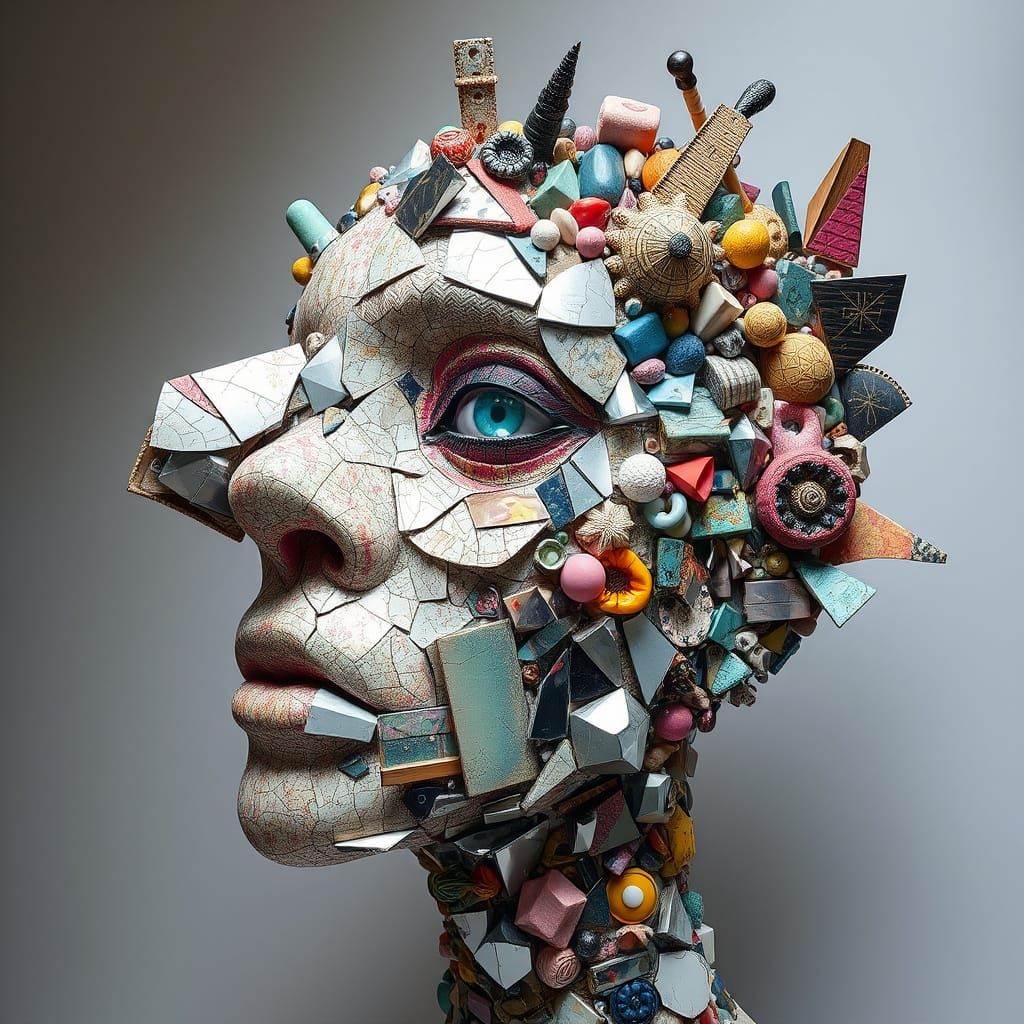 Surreal Fragmented Sculpture in Cyberpunk Aesthetic