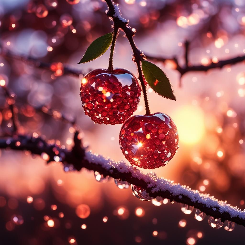 Crystalline Cherry on Branch in Sunset Light