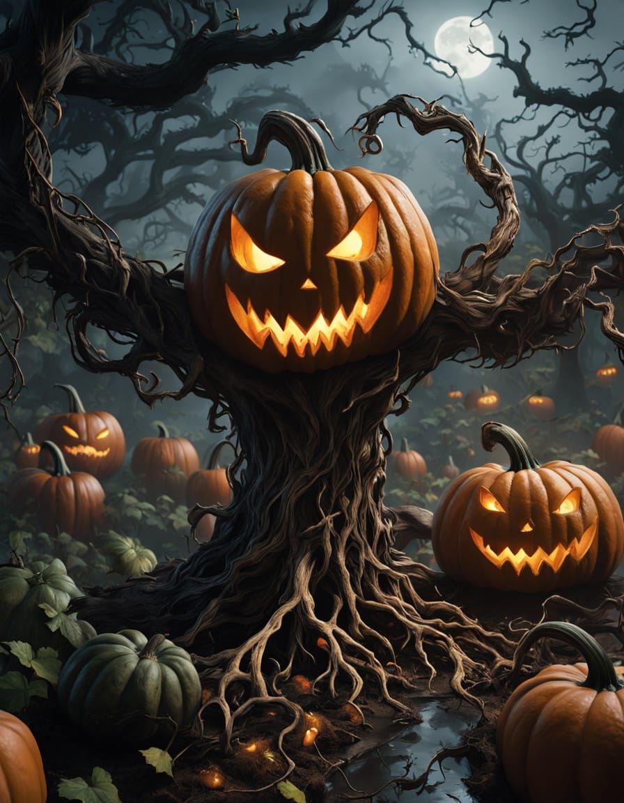 Unsettling Pumpkin Patch in Stormy Night Garden