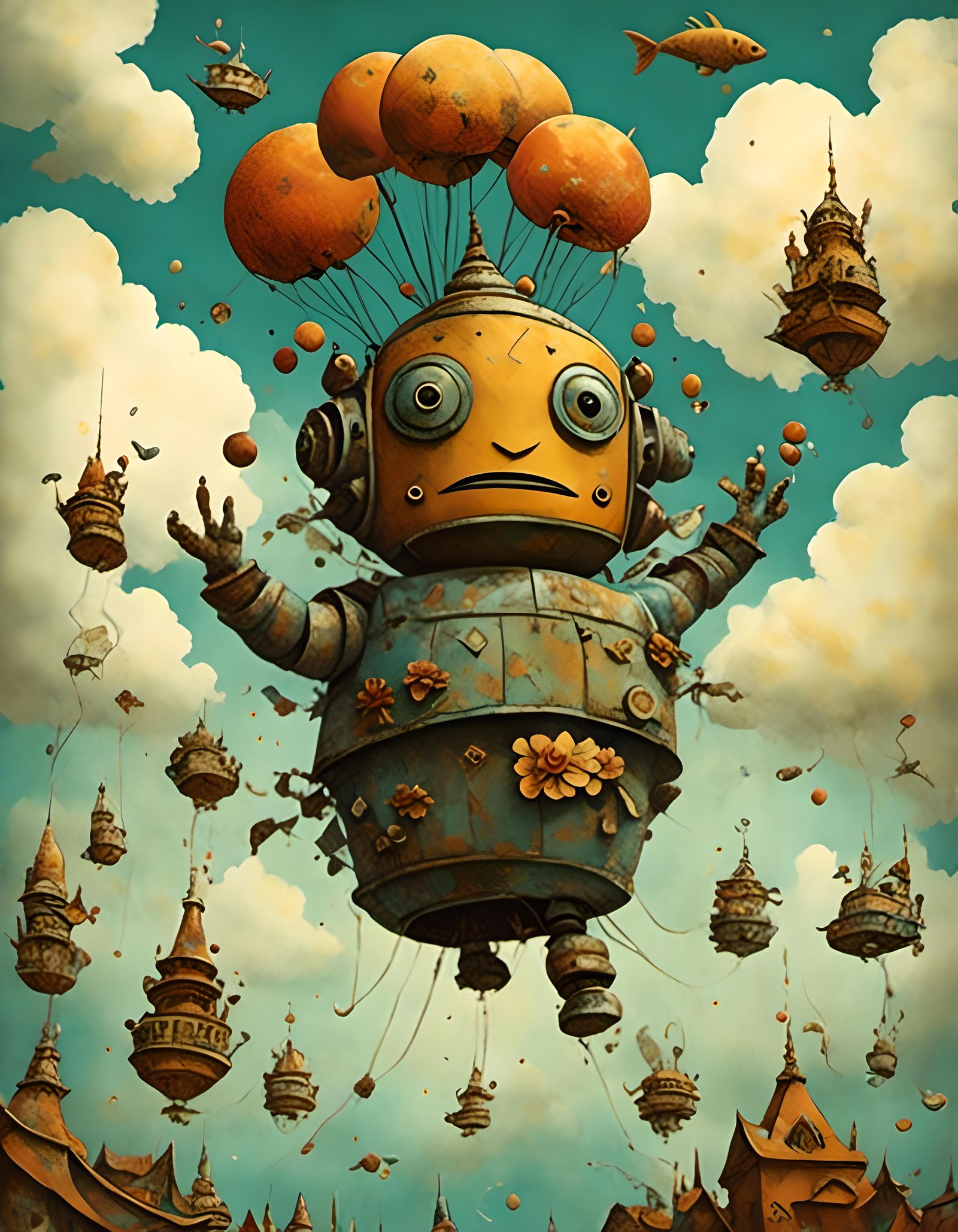 Steampunk Buddha Robot Flies in Surreal Sky