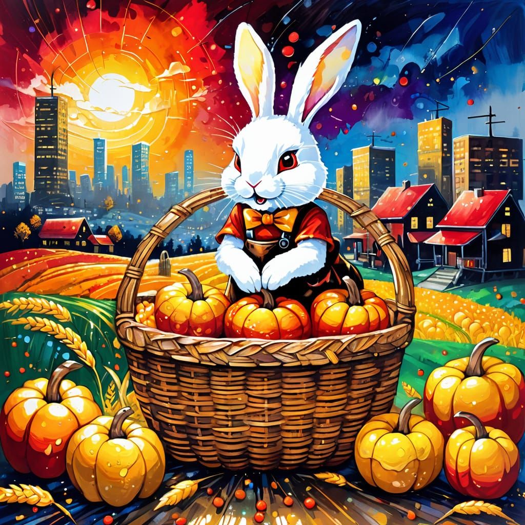Steampunk Rabbit in Autumn Harvest Cityscape