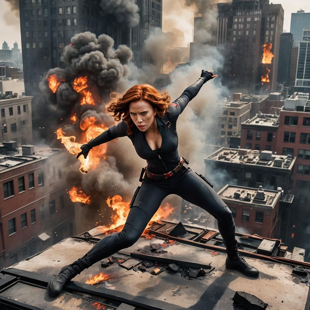 Black Widow on Burning Rooftop in a Destroyed City