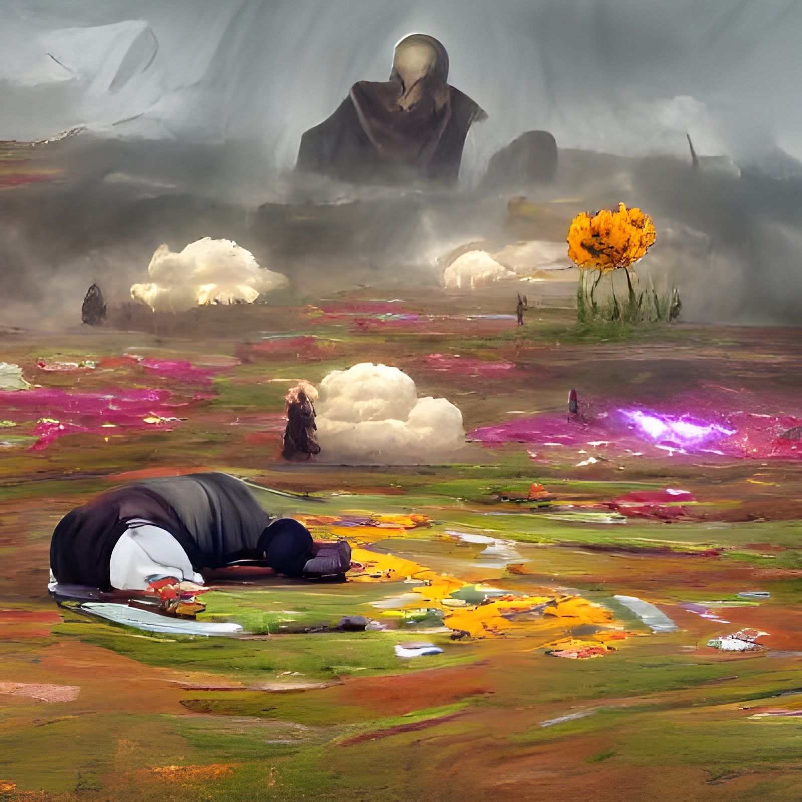 Monk's Corpse in Flower Field, Stormy Sky Concept
