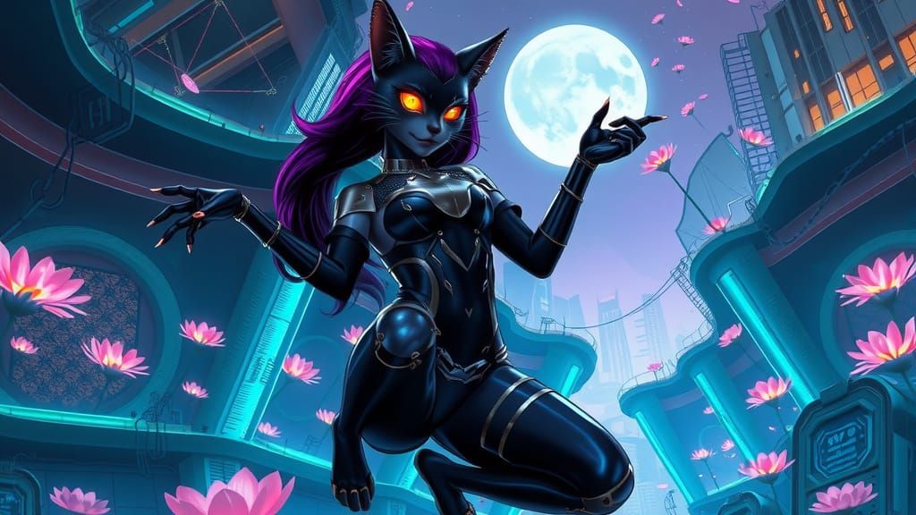 Neon Jungle Cat Goddess in Futuristic Style