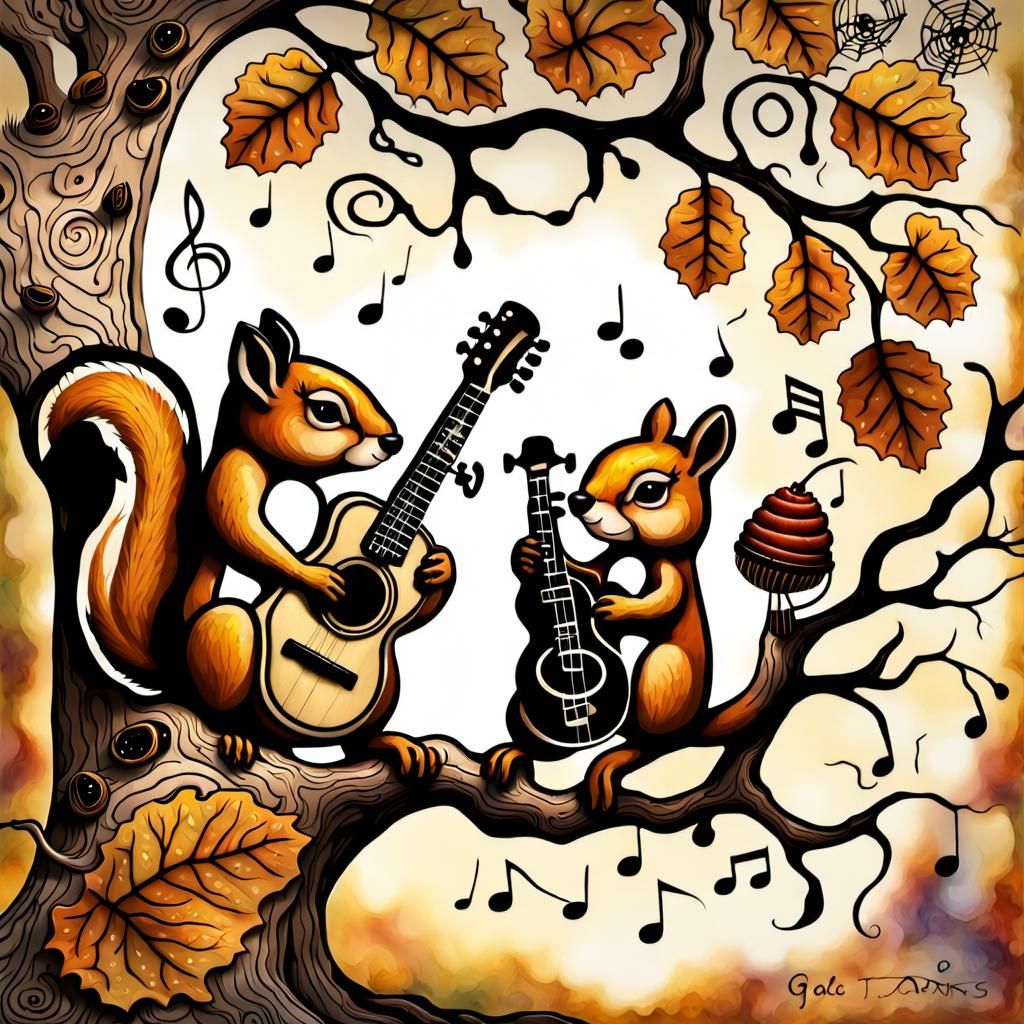 Squirrel Musicians in Ornate Filigree Artwork