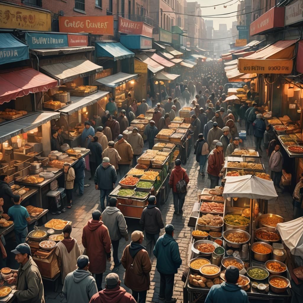 Vibrant Street Food Market in Photorealistic Style
