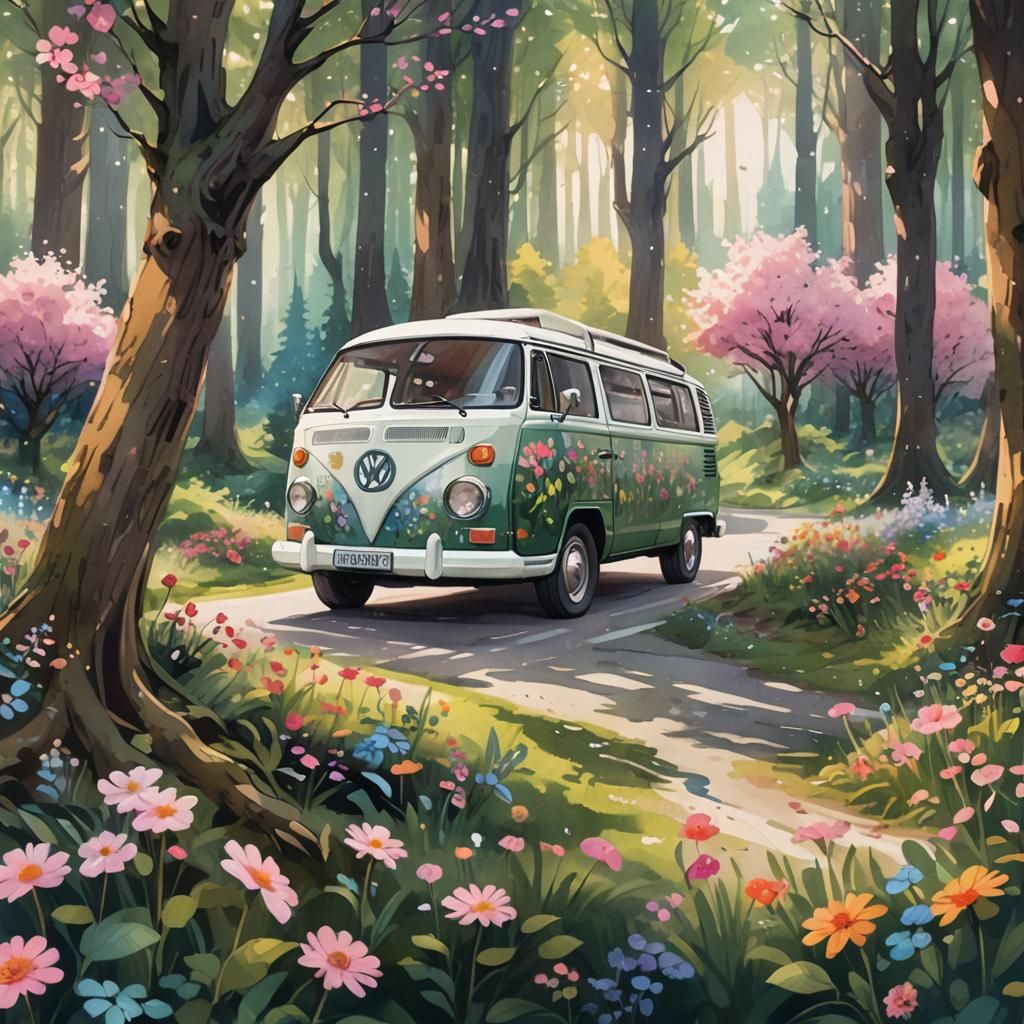 Fairytale Campervan Adventure in Watercolor Style