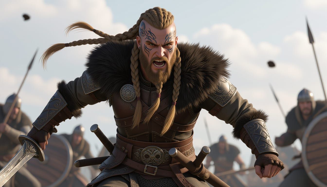 Anime Viking Warrior Charging in Battle