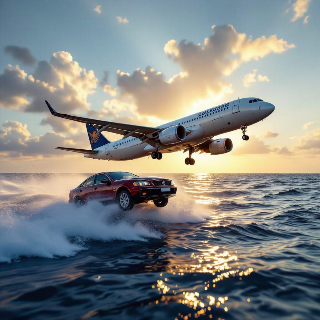 Car Flips Into Airliner Over Ocean in Photorealistic Style