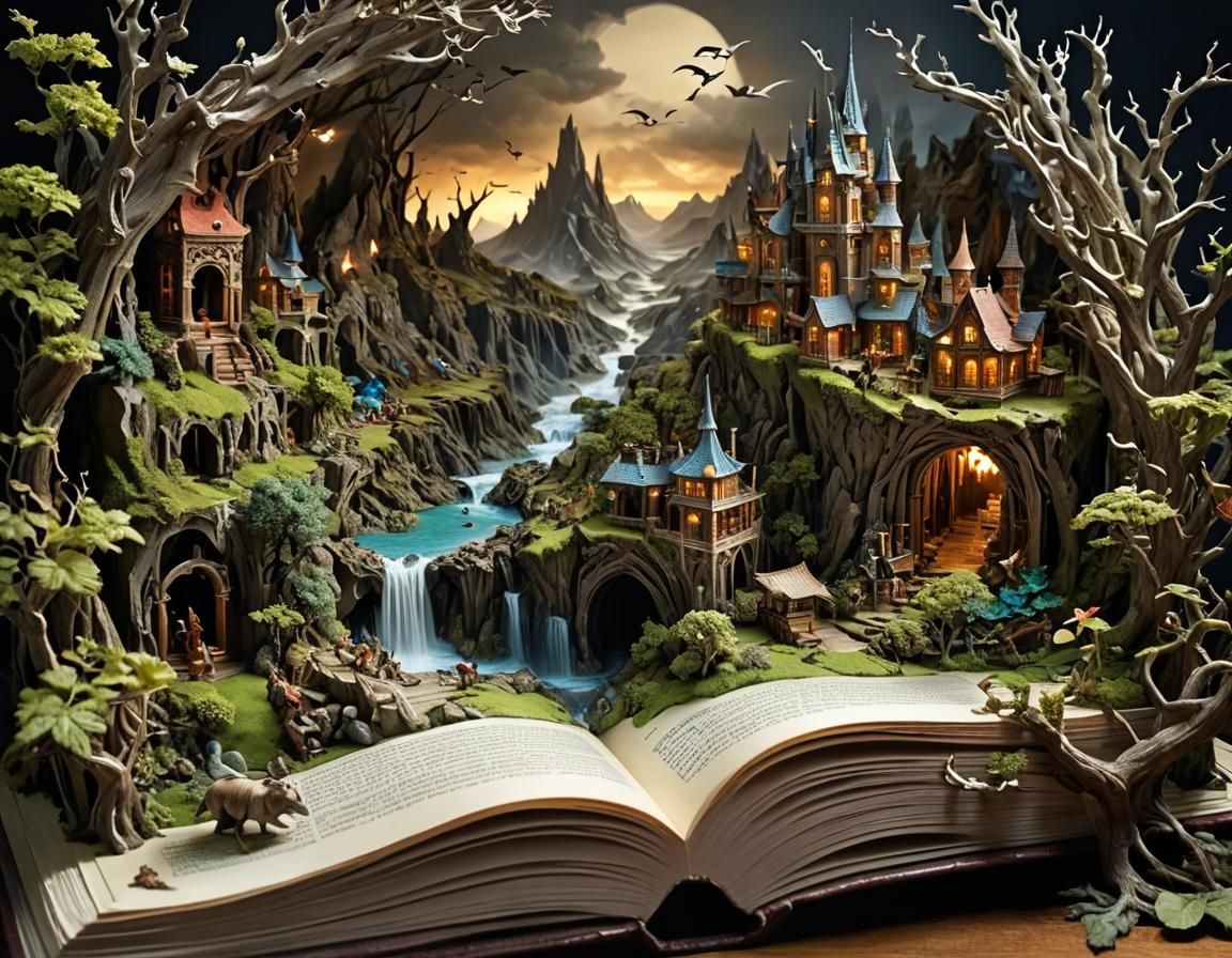 Fantasy Papercraft World Exploding from Pop-Up Book