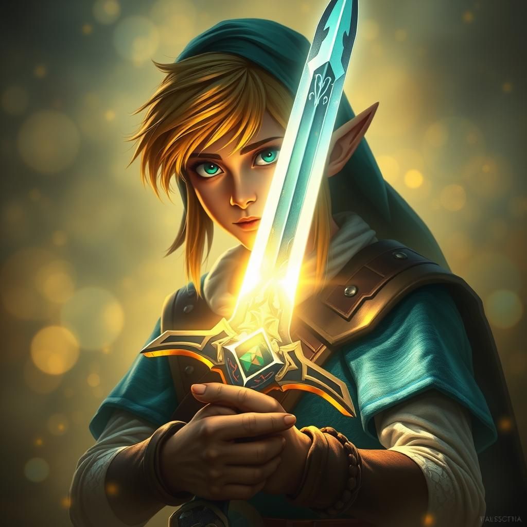 Link Holding Master Sword in Dreamy Fantasy Portrait