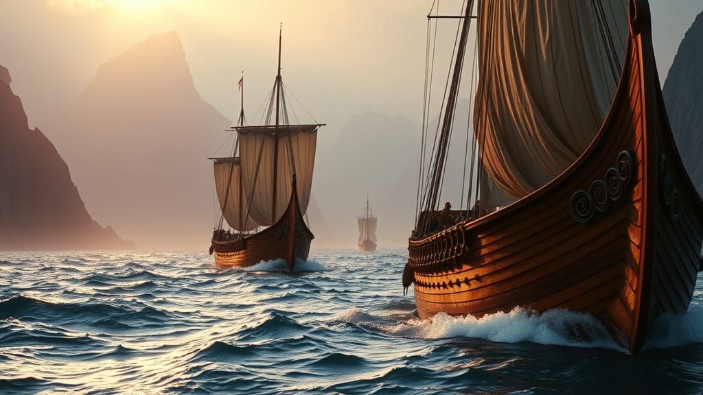 Epic Viking Fjordships Sail in Golden Light