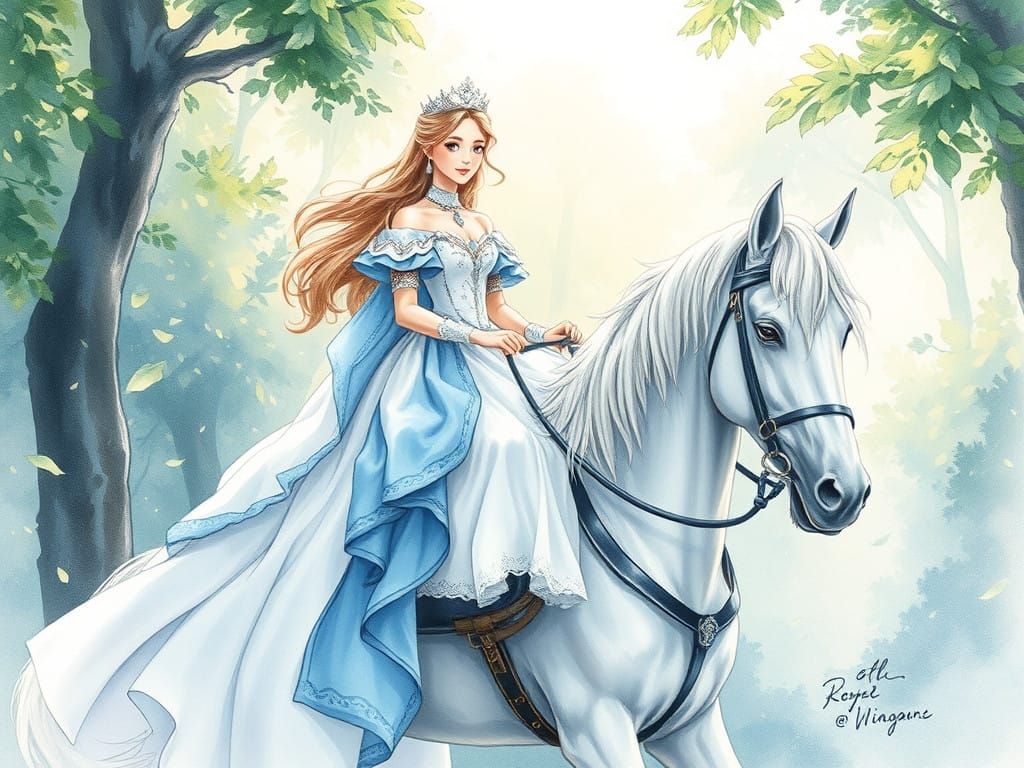 Royal Princess Rides Horse through Enchanted Forest in Water...