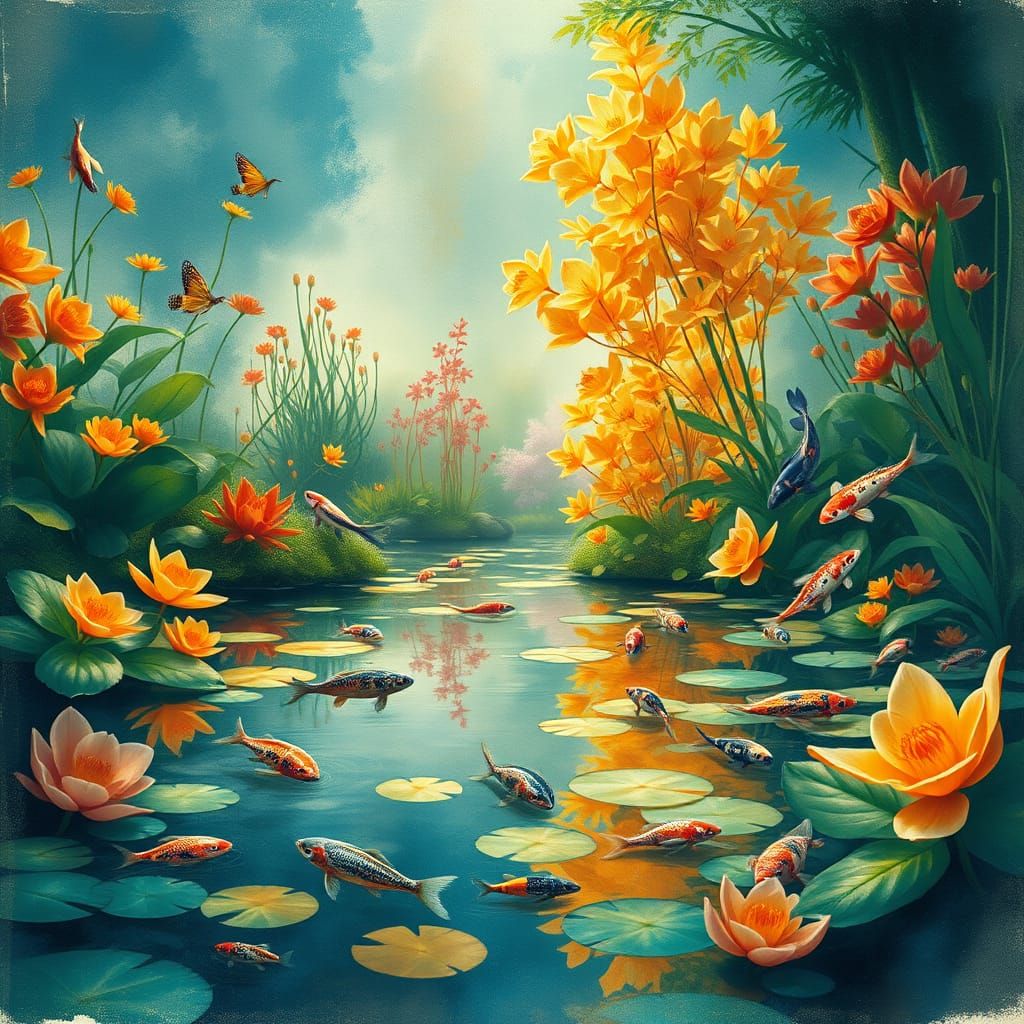 Dreamy Watercolor Pond Scene in Vibrant Colors