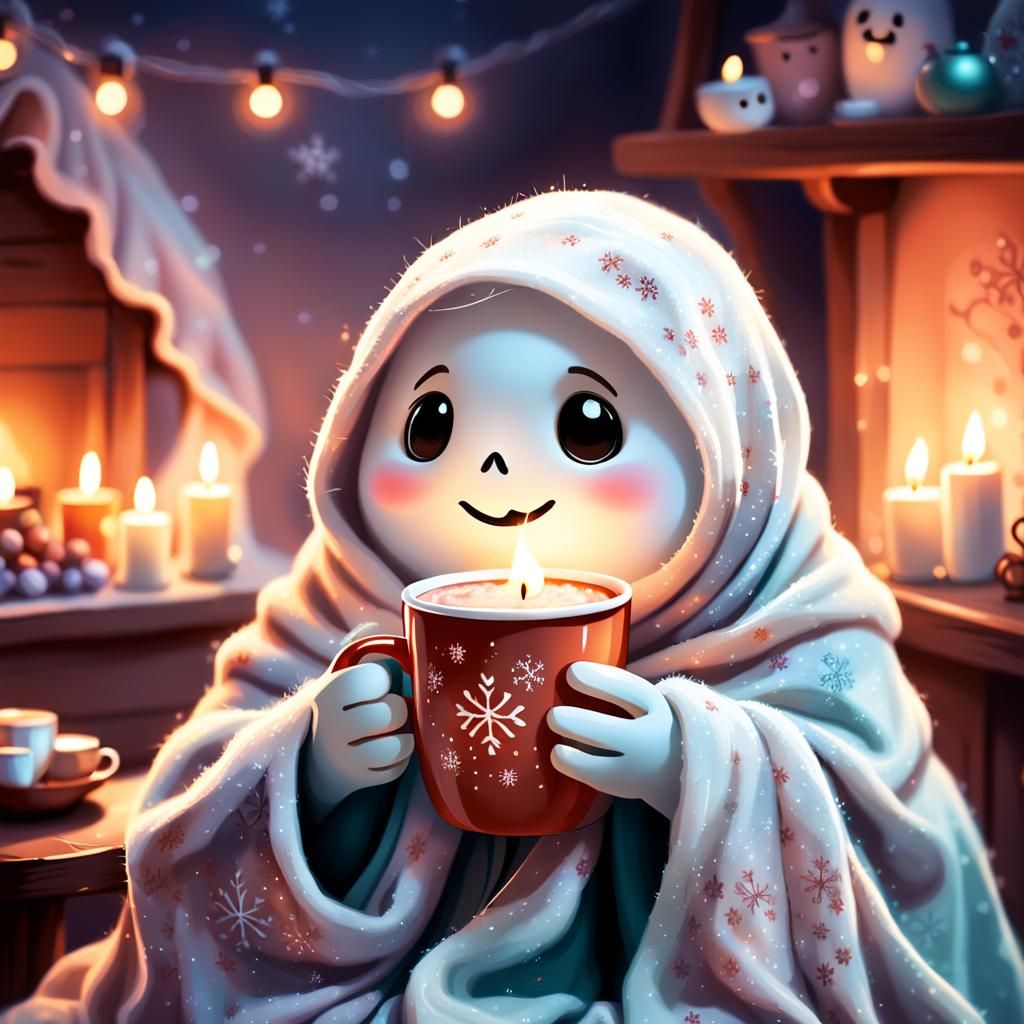 Cozy Ghost with Cocoa, Whimsical Illustration