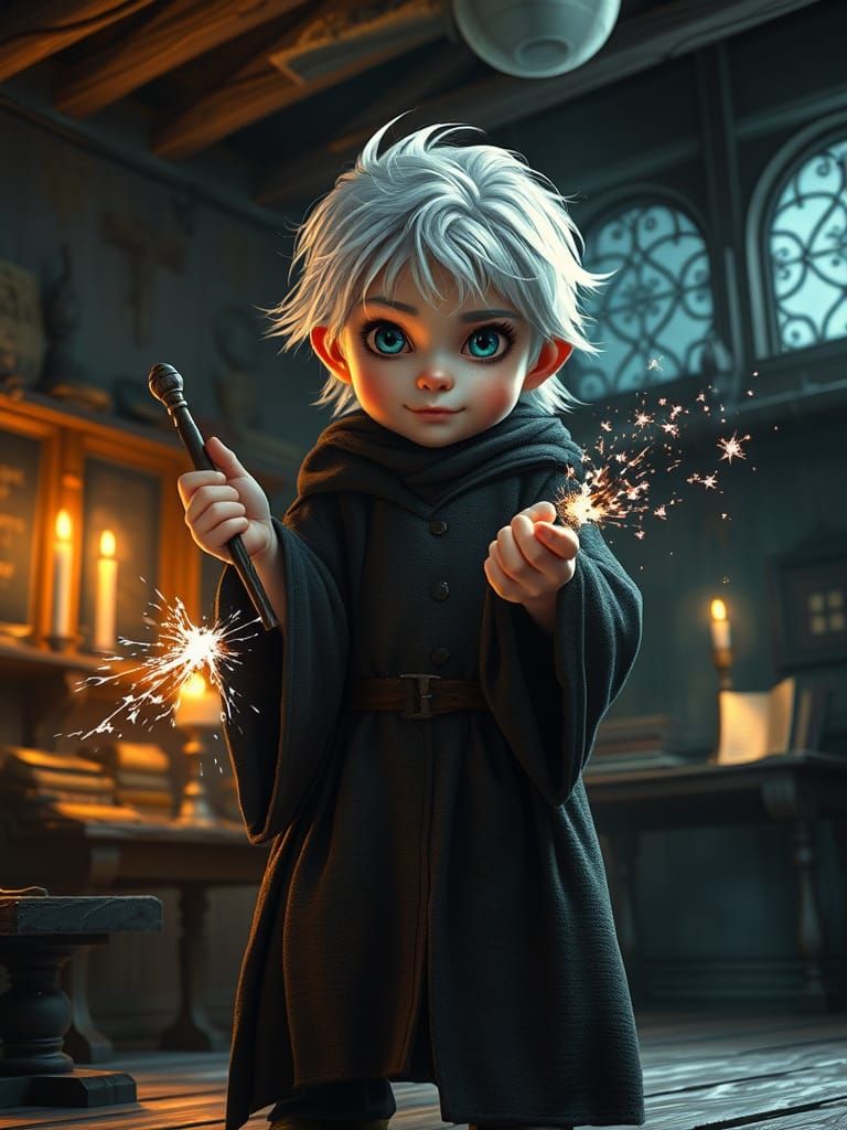 Tiny Wizard Casting Magic in Enchanted Classroom