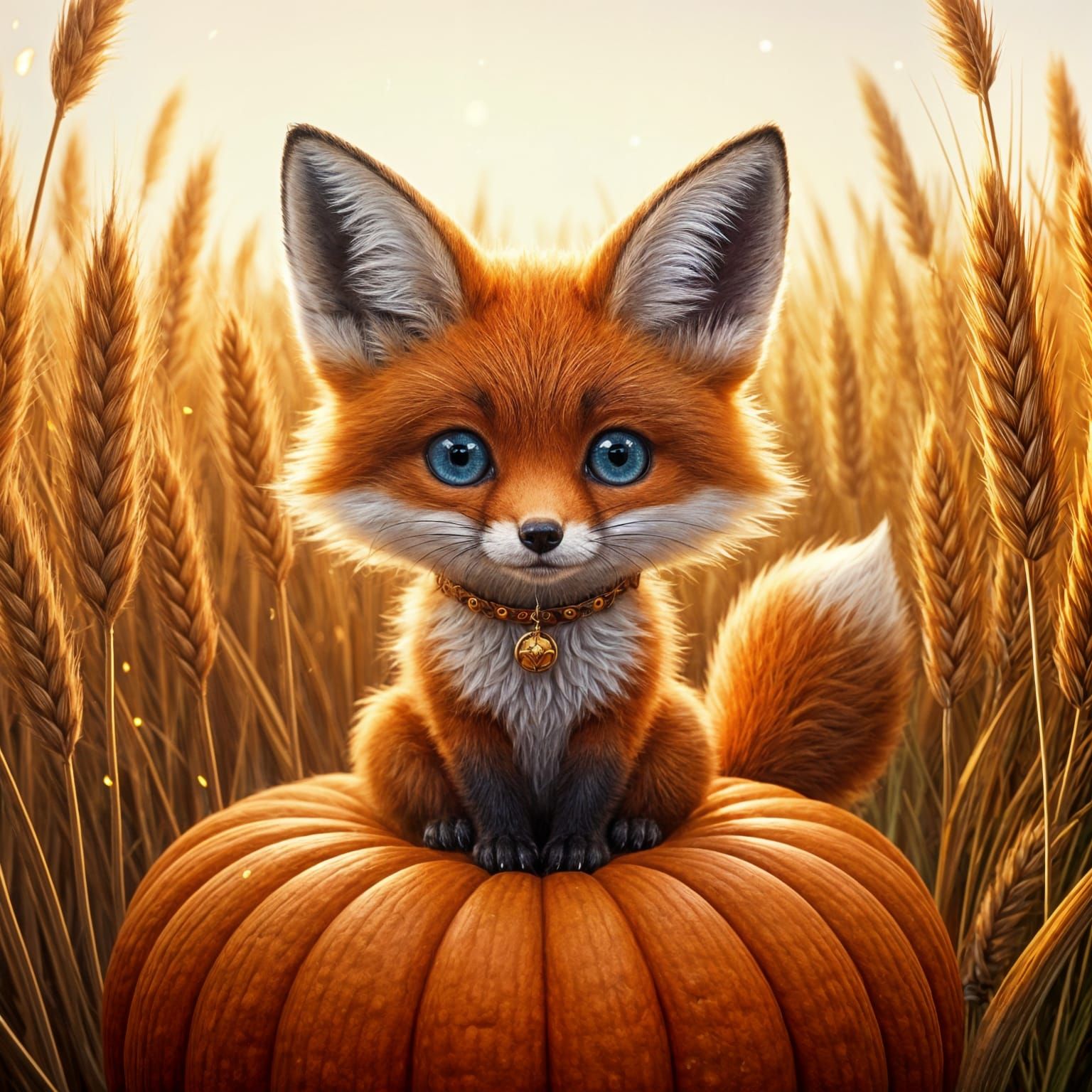 Chibi Fox on Pumpkin with Golden Sparks