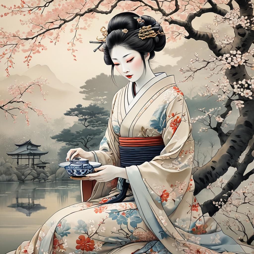 Geisha Pouring Tea in Ukiyo-e Style Garden