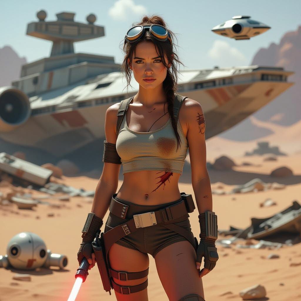 Scavenger Amidst Desert Wreckage in Sci-Fi Style