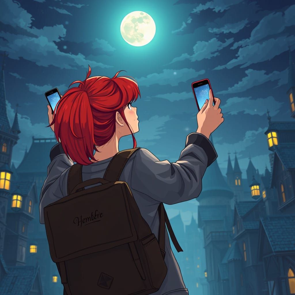 Glowing City Nightscape with Fiery Red-Haired Woman in Cel-S...