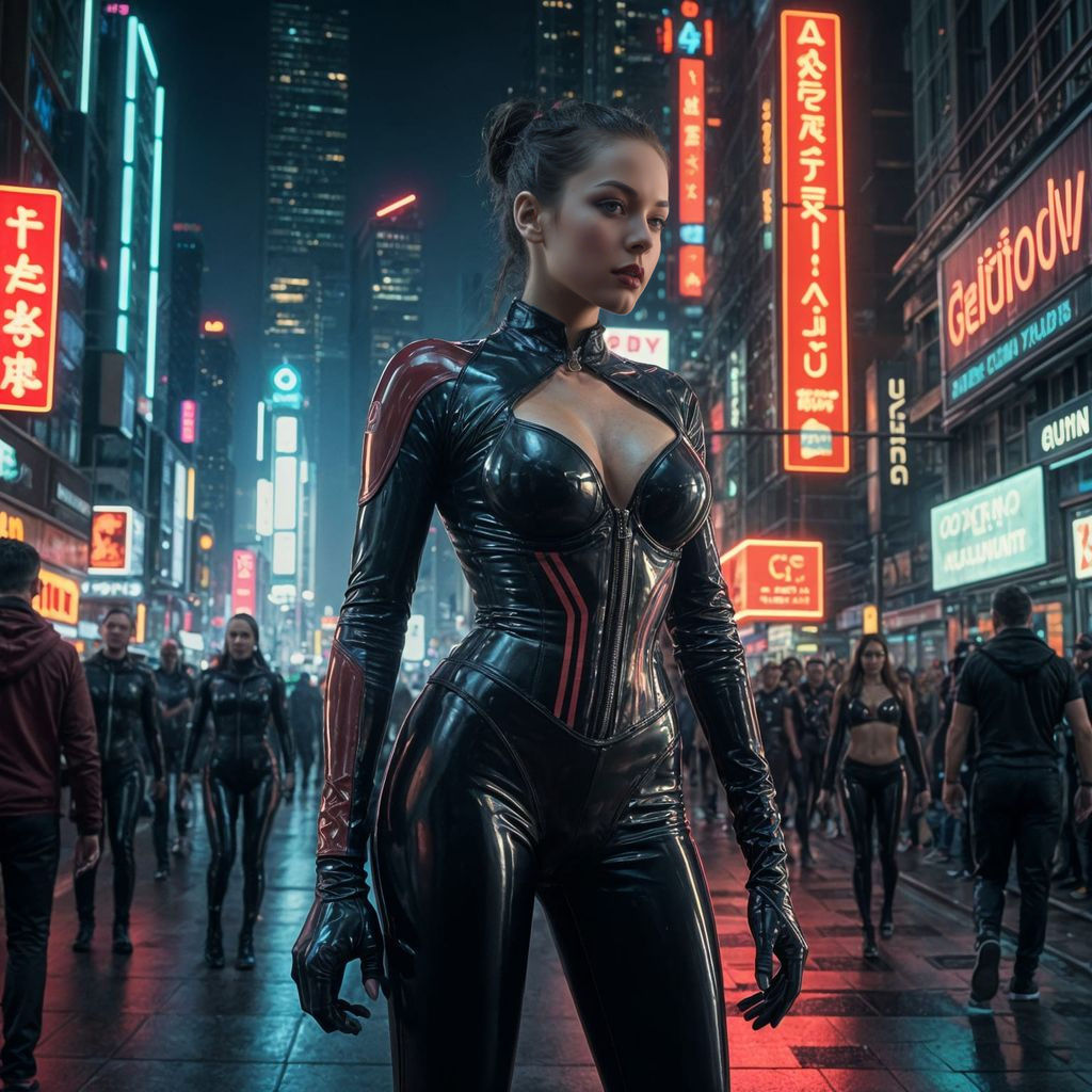Glossy Black Latex Goddess in Neon-Lit Metropolis