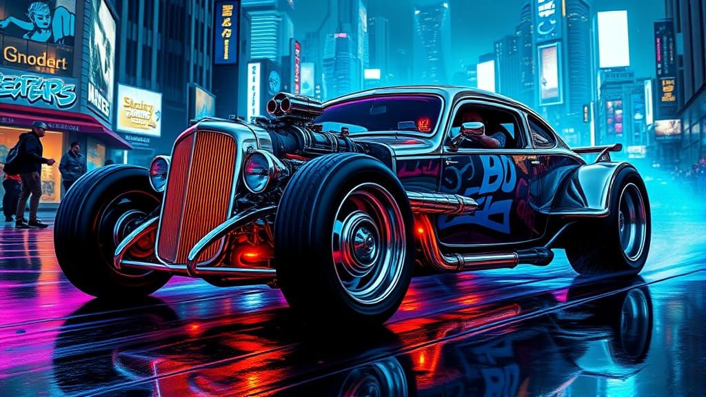 Cyberpunk Hot Rod Tears Through Neon Streets in a Blaze of B...