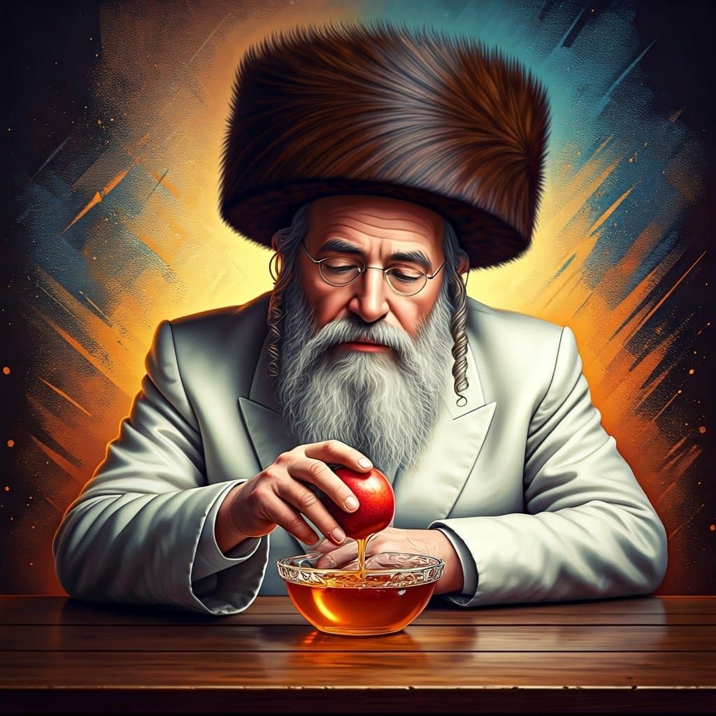 Ultra-Orthodox Jew Dipping Apple in Honey: Vibrant Street Ar...