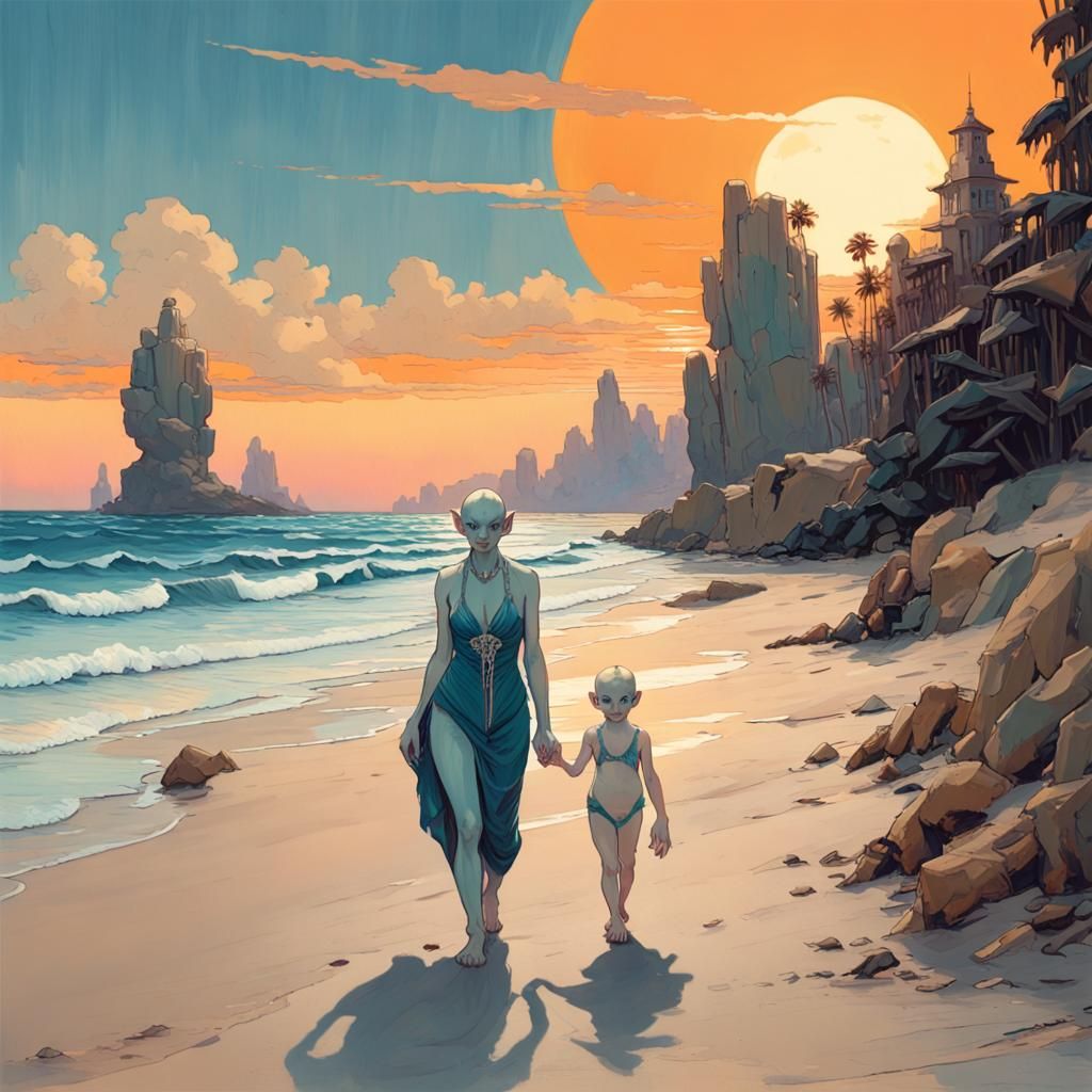 Blue Goblin Mother and Daughter on the Beach