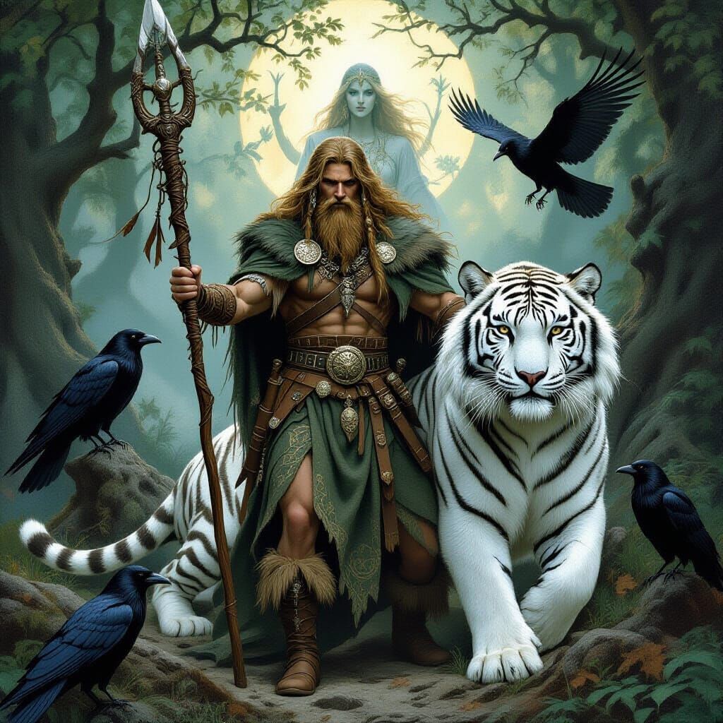 Celtic Warrior, White Tiger, and Morrigan in Mystical Forest
