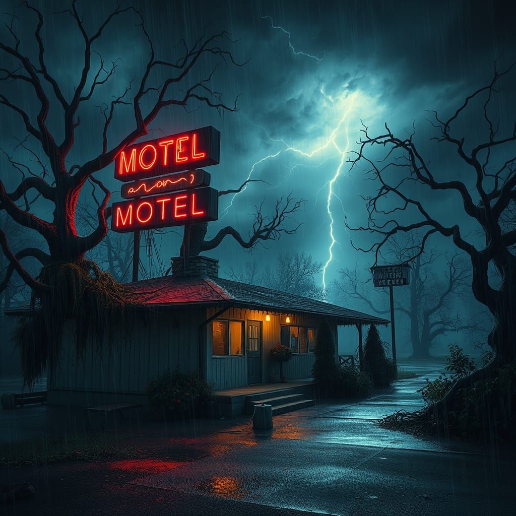 Stormy Night Motel Abandoned in a Haunting Landscape
