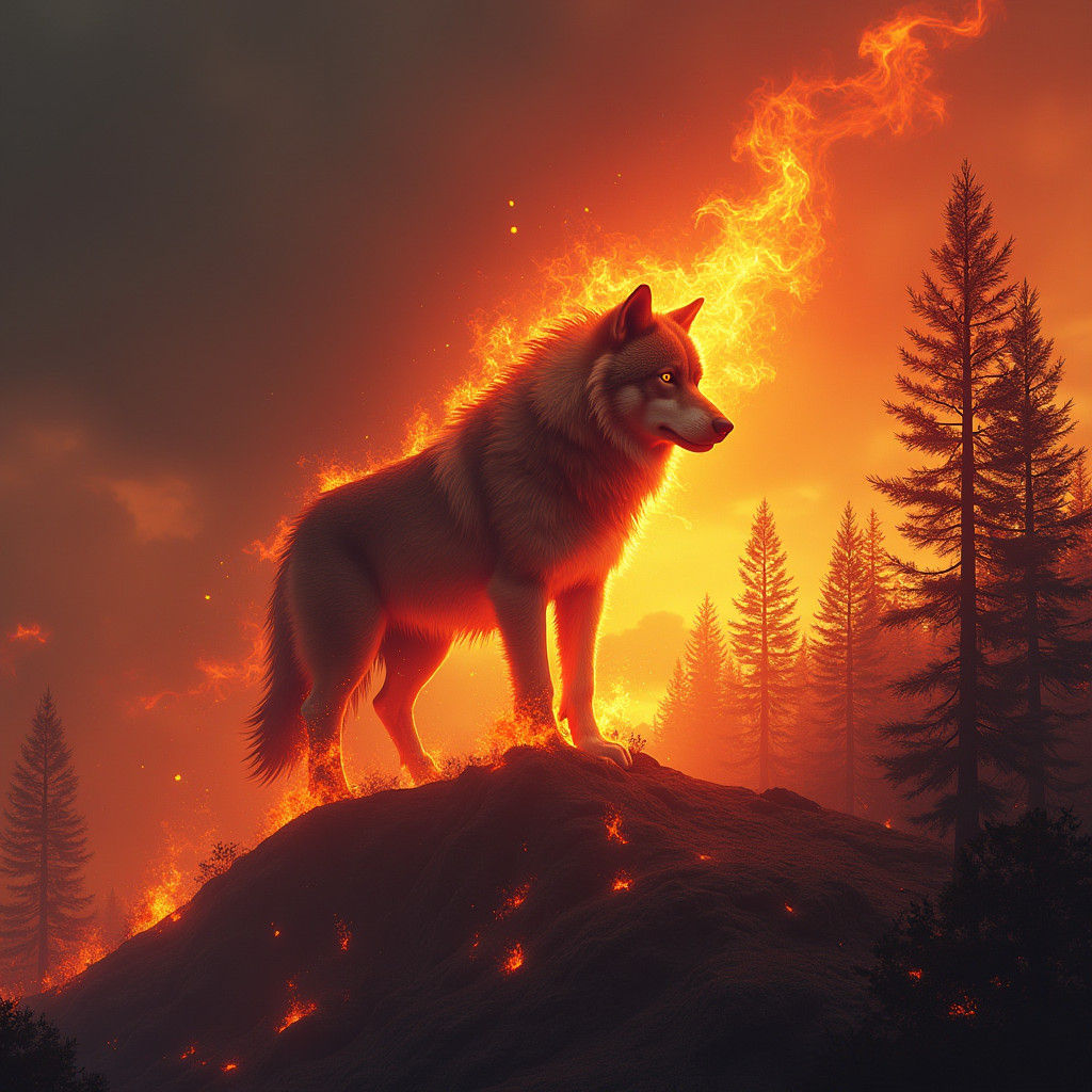 Fiery Wolf Amidst Burning Forest