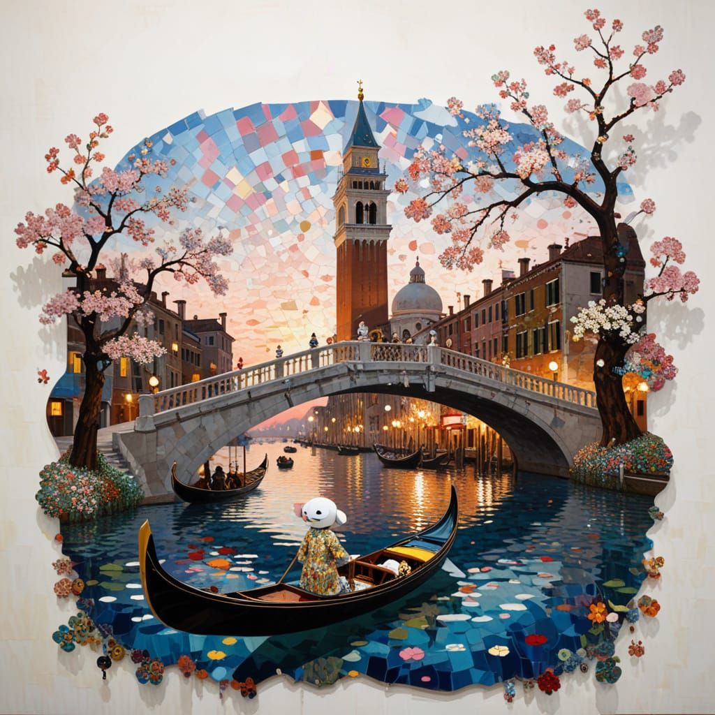 Venetian Canal at Dusk in Klimt Mosaic Style