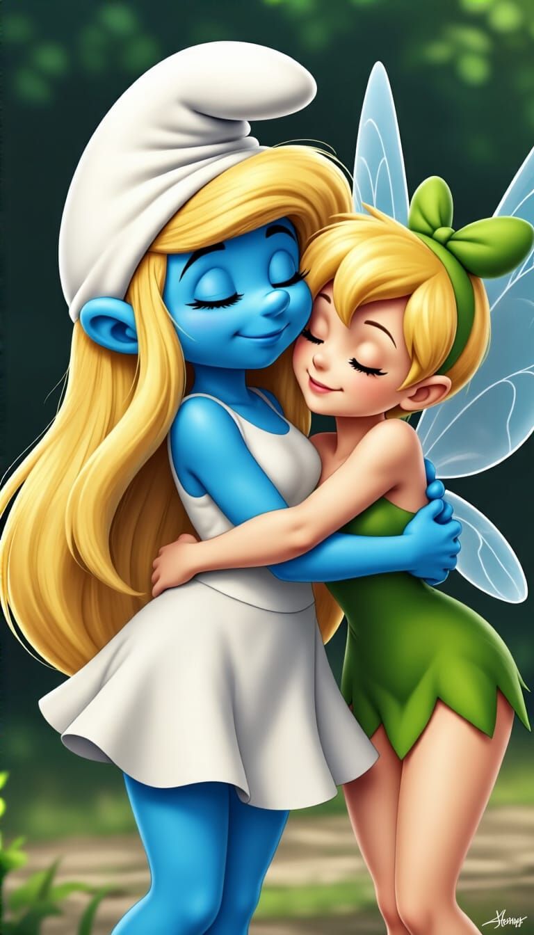 Smurfette and Tinkerbell Hugging in Realistic Anime Style