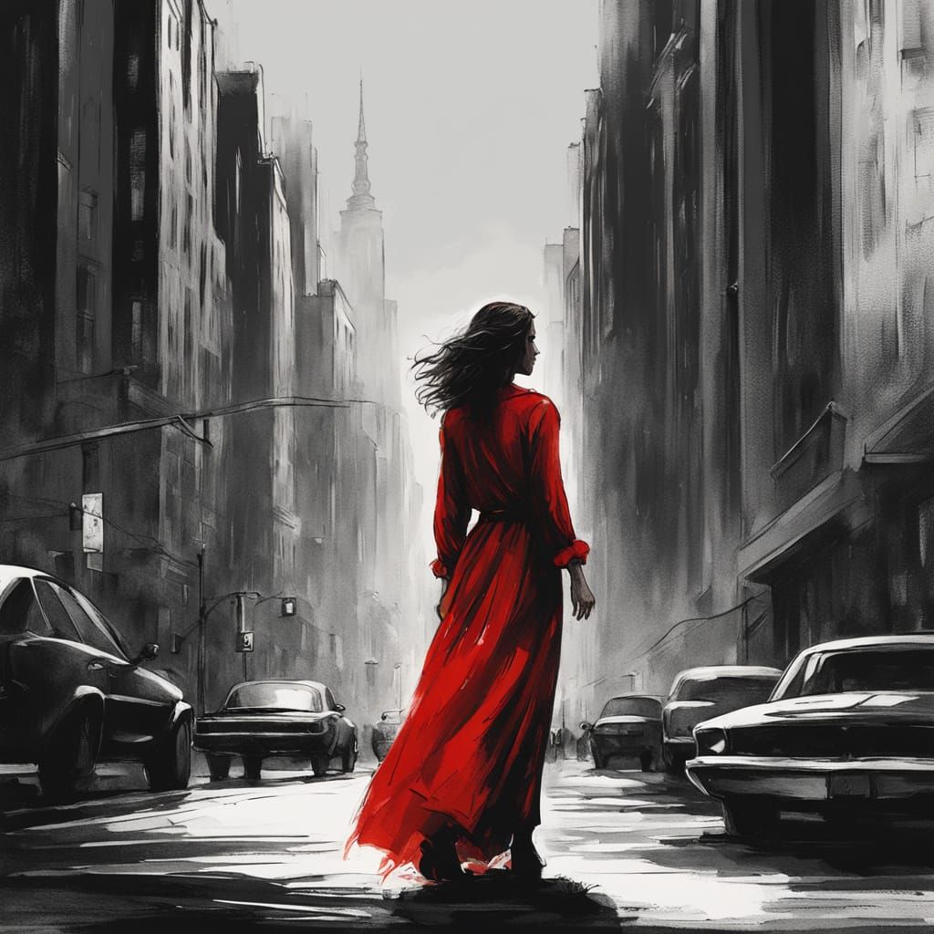 Woman in Red Dress in Dystopian City Street
