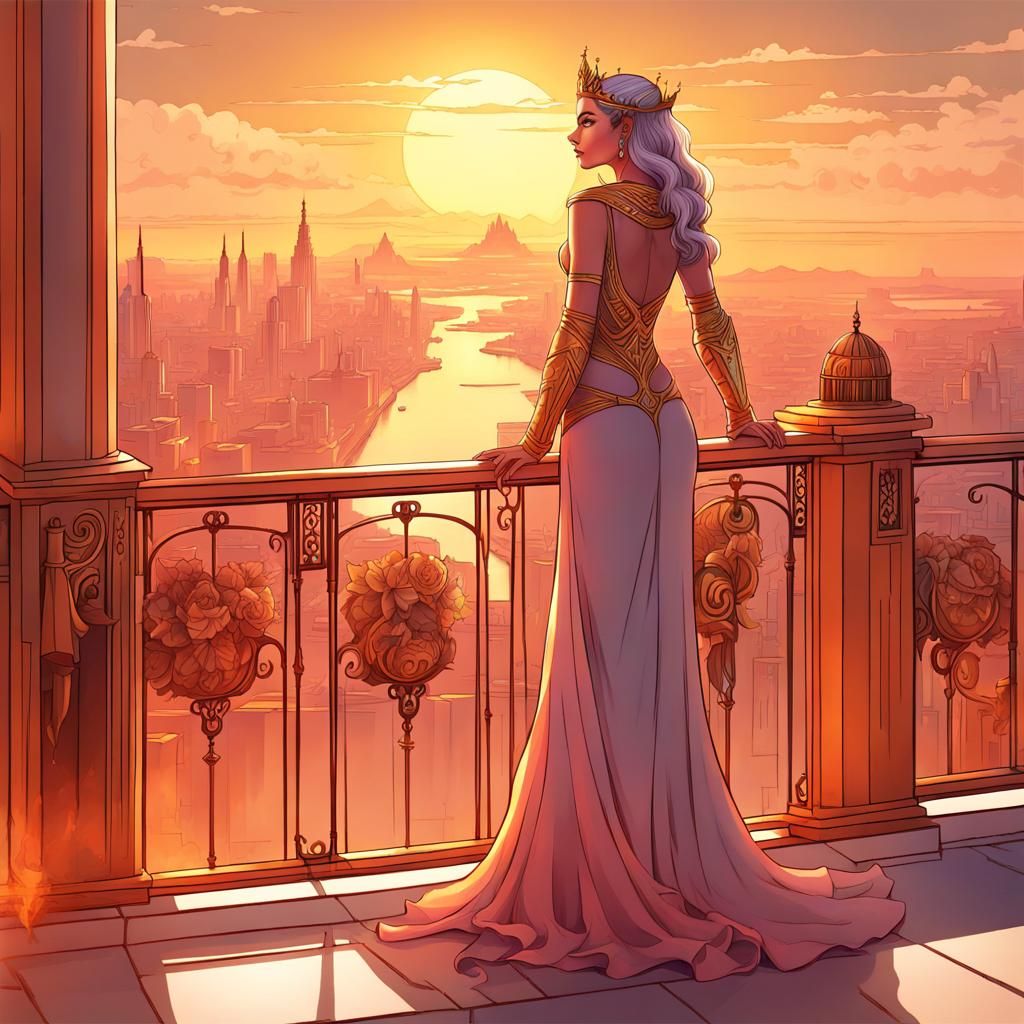 Immortal Queen Overlooking Her Kingdom in Art Deco Style