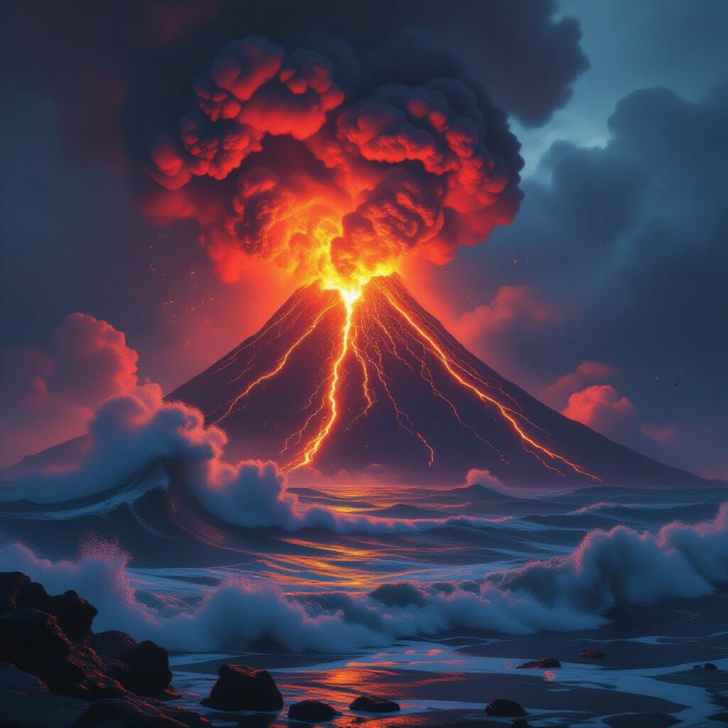 Volcano Ocean Double Exposure in Cinematic Style