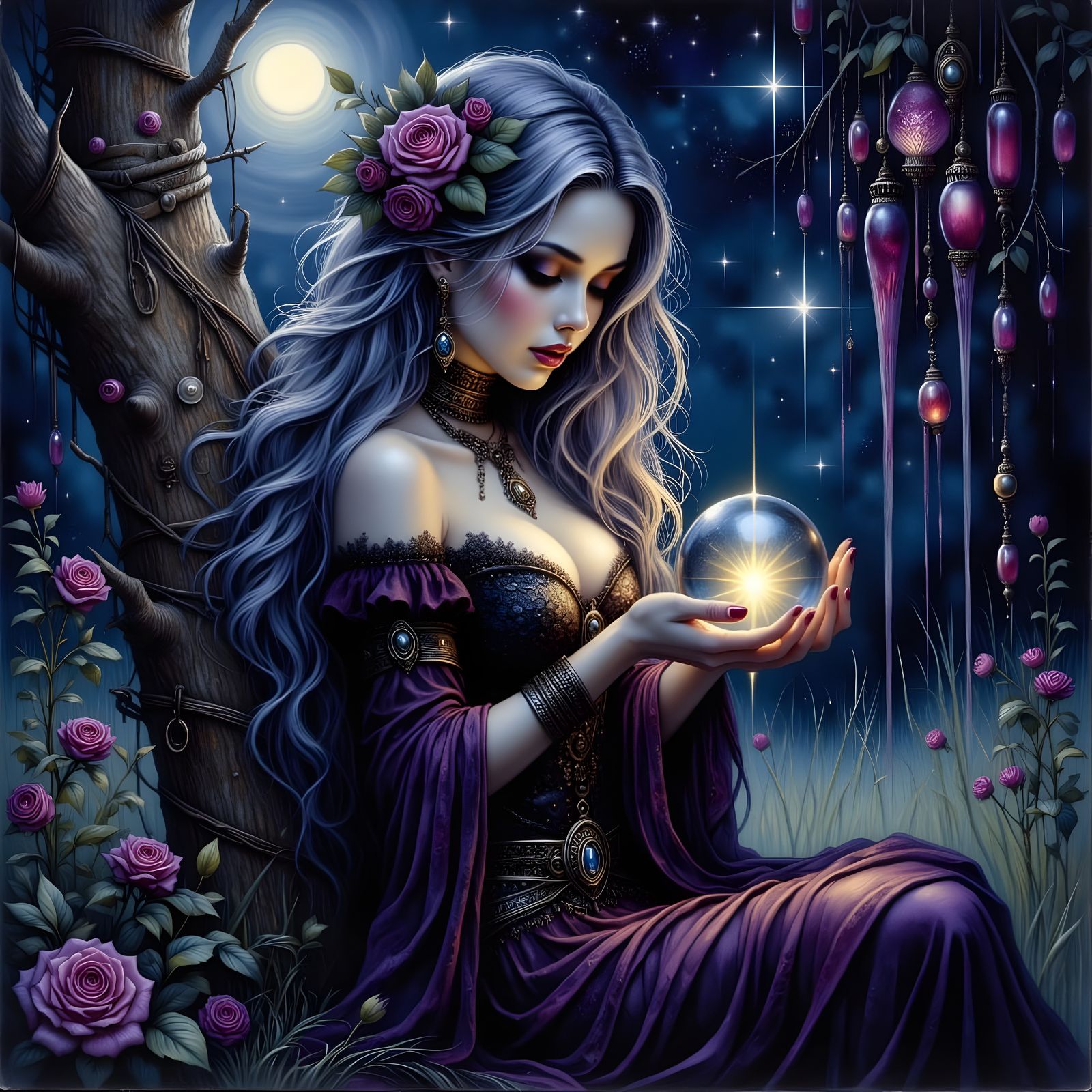 Ethereal Dark Romantic Goddess Under Starry Skies