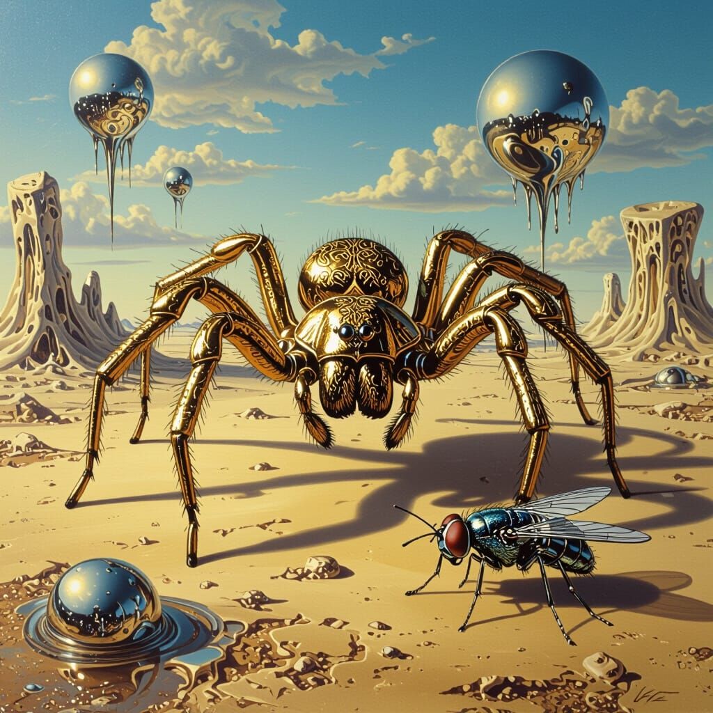 Gold Spider and Chrome Fly in Surrealist Style