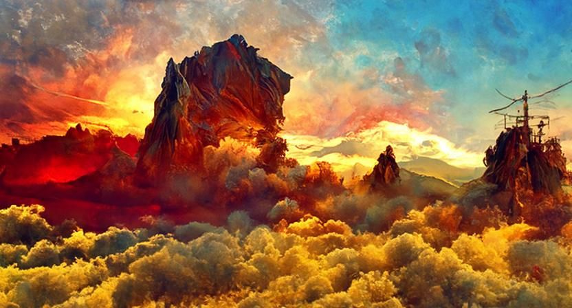 Enchanted Sunrise Over Supernatural Mountain, Woodblock Prin...